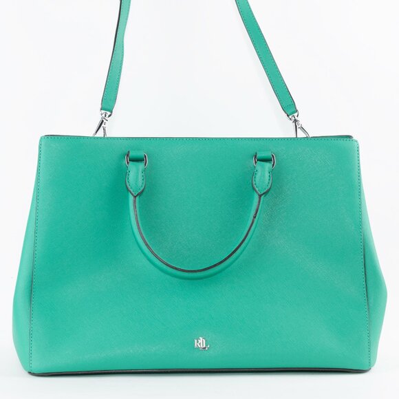 NWOT Lauren Ralph Lauren Large Hanna Satchel Crosshatch Leather Emerald Green - Picture 3 of 11